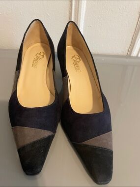 Vintage Colorblock Suede Low Block Heel Pump - Black, Navy & Taupe